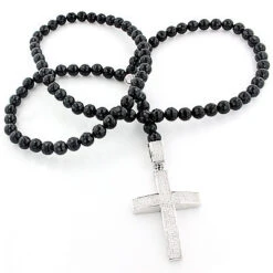 Hip Hop Disco Ball Diamond Cross Rosary Necklace 1.75ct