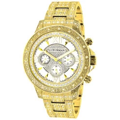 Iced Out Men's Luxurman Watch With Diamond Band 1.25ct Yellow Gold Plated