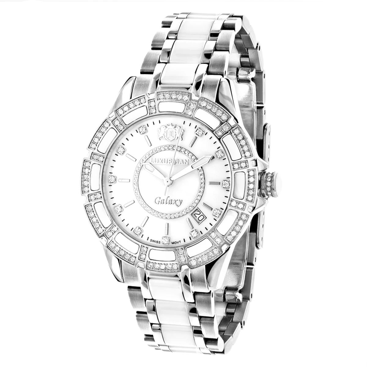 Ladies Diamond Luxurman White Ceramic Watch 1.25ct MOP Galaxy