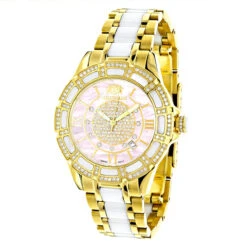 Ladies Diamond Yellow Gold Pld Steel & White Ceramic Watch Pink MOP