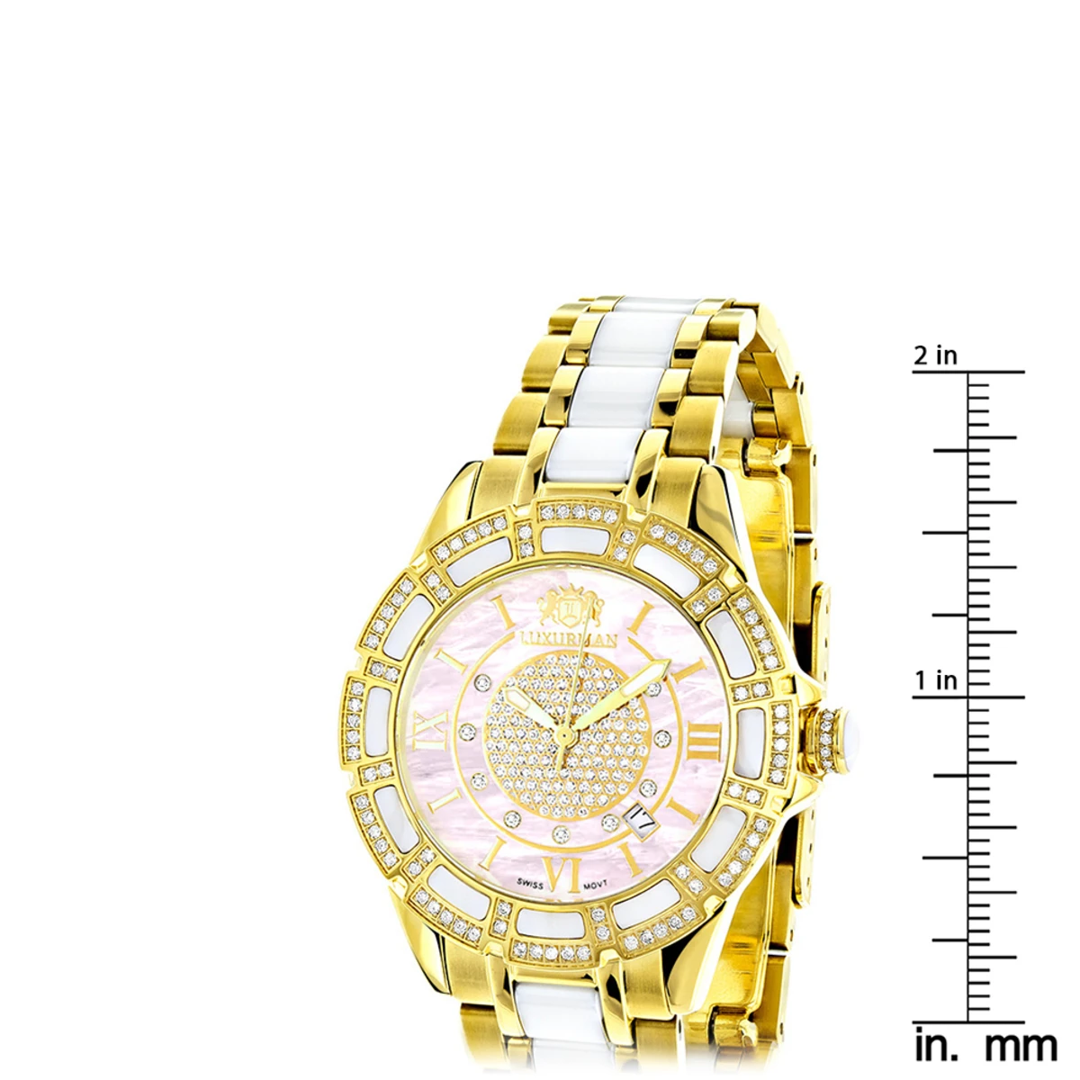 Ladies Diamond Yellow Gold Pld Steel & White Ceramic Watch Pink MOP - Image 5