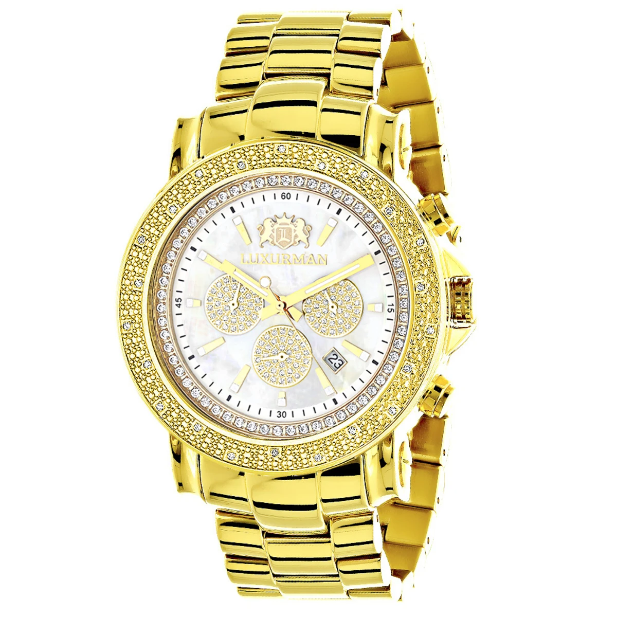 Large Luxurman Men's Watch With Diamonds 0.25ct Yellow Gold Plated Escalade 48mm