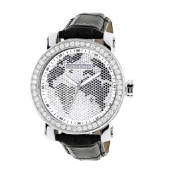 Luxurman Black&White Diamonds World Map Dial Watch With Black Leather Band