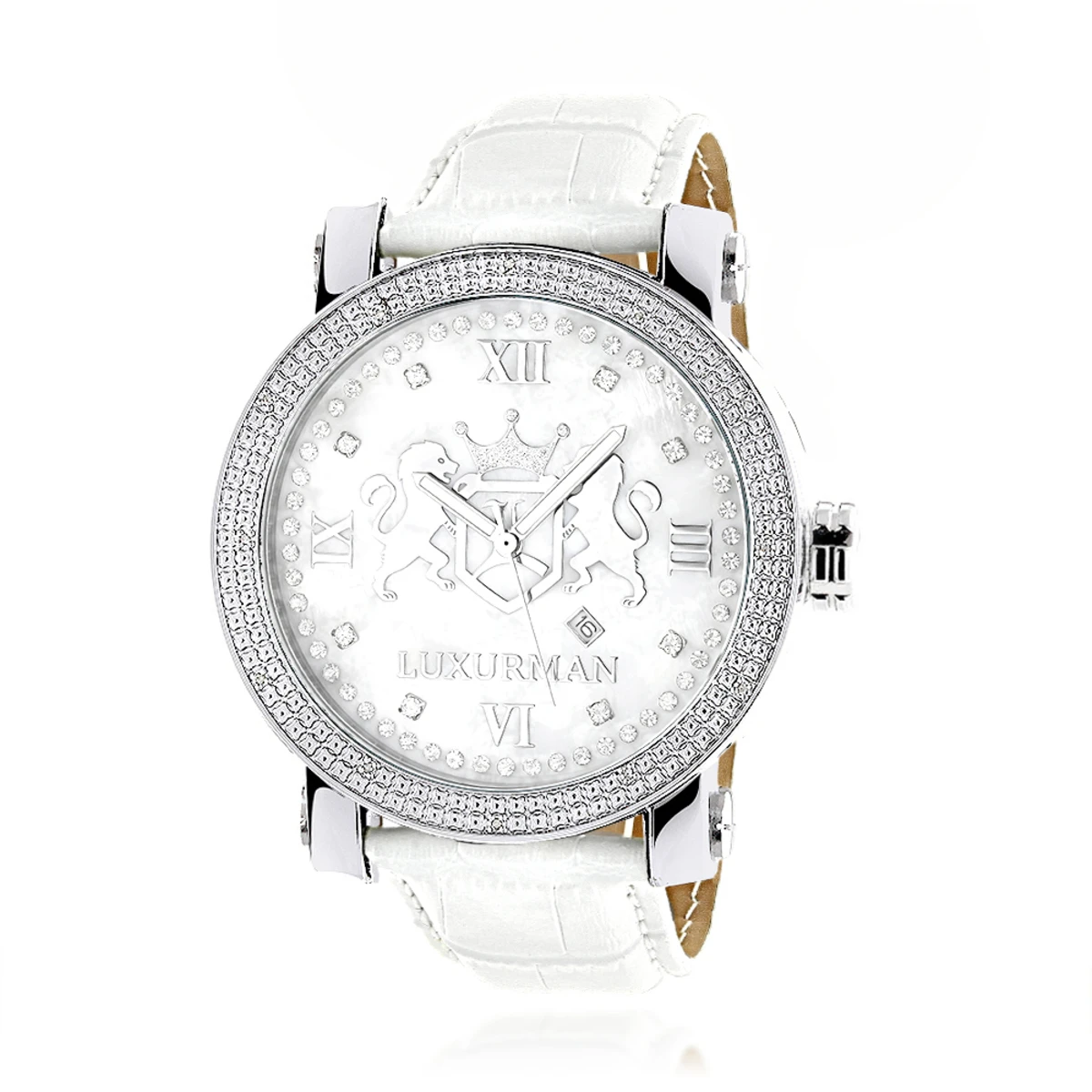 Luxurman Phantom Large Diamond Watch For Men Leather Band White MOP 0.12ct