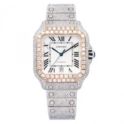 Men's Diamond Watch Cartier Santos De Cartier 18K Gold 40mm White Dial