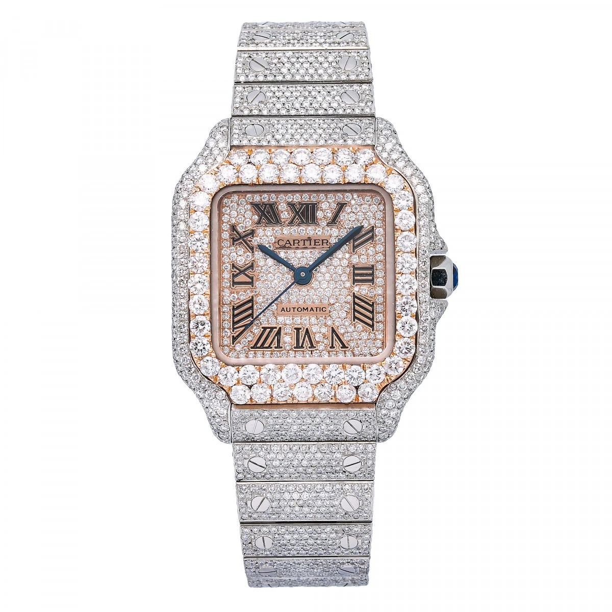 Unisex Diamond Watch Cartier Santos De Cartier 18K Gold Rose Gold Tone Dial