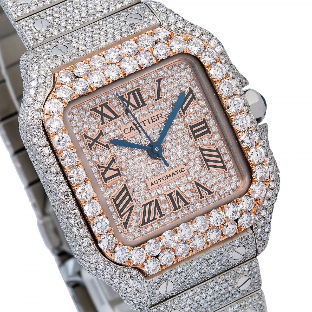 Unisex Diamond Watch Cartier Santos De Cartier 18K Gold Rose Gold Tone Dial - Image 3