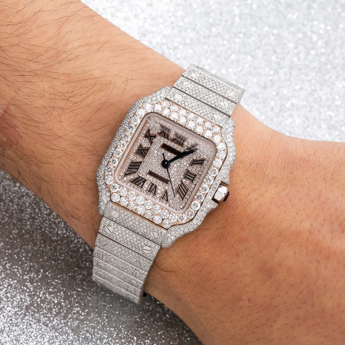 Unisex Diamond Watch Cartier Santos De Cartier 18K Gold Rose Gold Tone Dial - Image 2