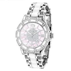 White Ceramic Women's Diamond Watch 1.25ct Pink MOP Luxurman Galaxy