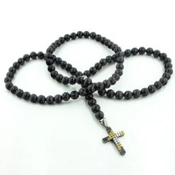 White Yellow Black Diamond Cross Rosary 1.65ct 10K Gold