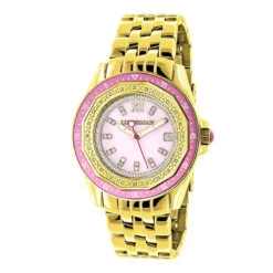 Yellow Gold Plated Ladies Diamond Pink Watch 0.25ct Luxurman